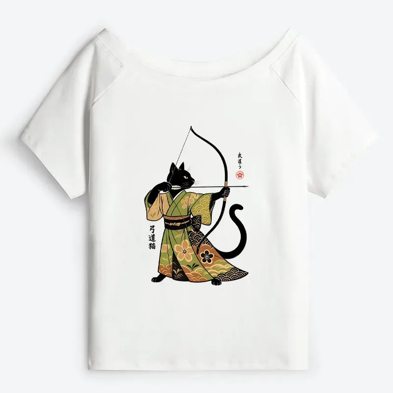 Kyoto-Lion Japan Cat Archery Off Shoulder T-Shirt