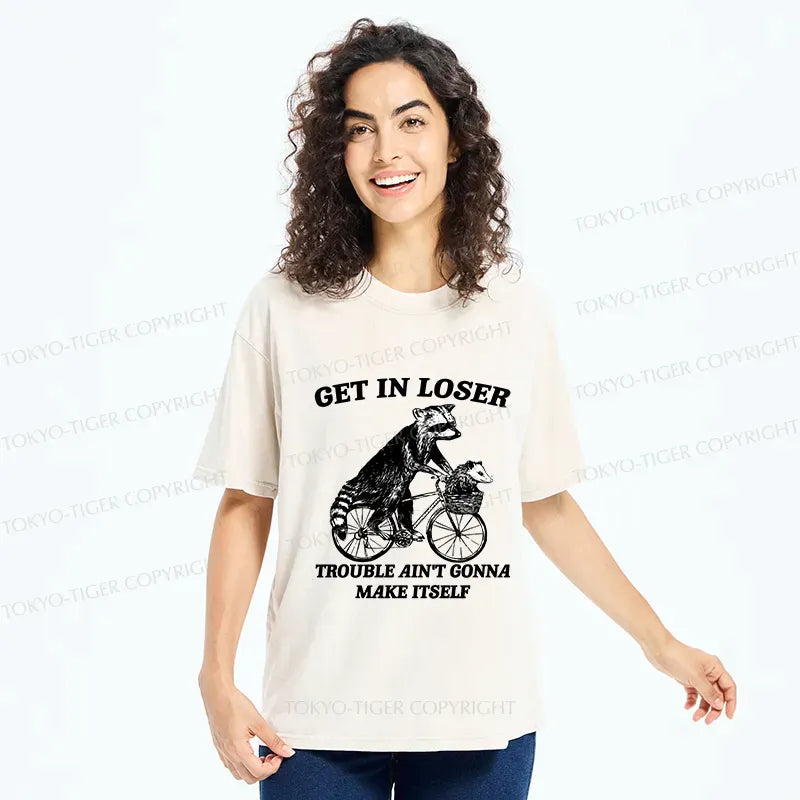 Kyoto-Lion Raccoon On A Bicycle Washed T-Shirt