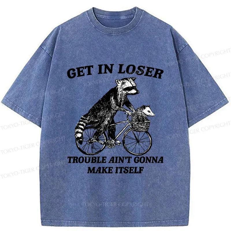 Kyoto-Lion Raccoon On A Bicycle Washed T-Shirt