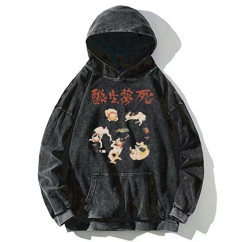 Japanese Drunken Cat Hoodie for Streetwear