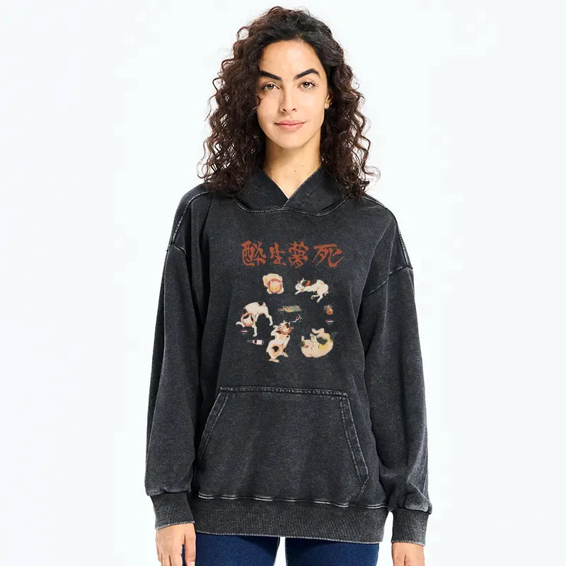 Kyoto-Lion Drunken Cats Washed Hoodie