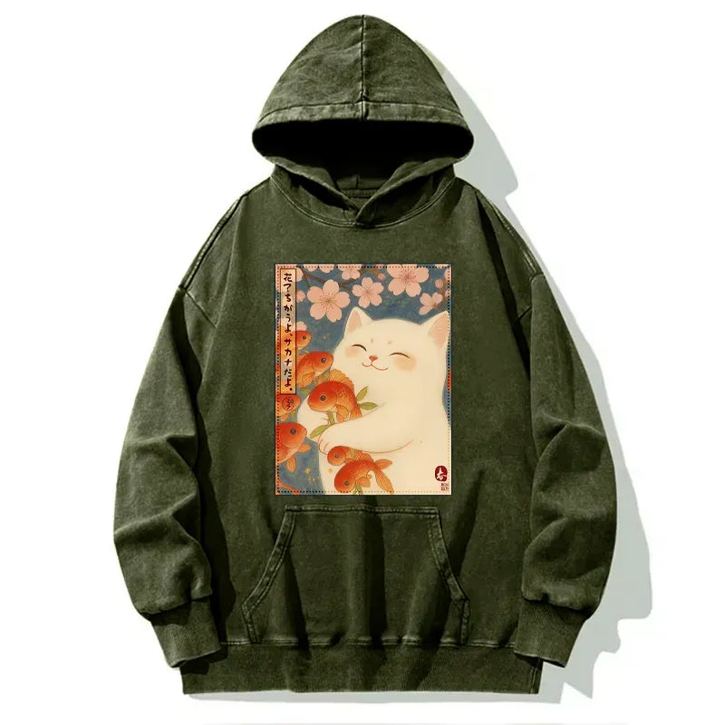 Vintage Washed Hoodie with Japanese Cat Art