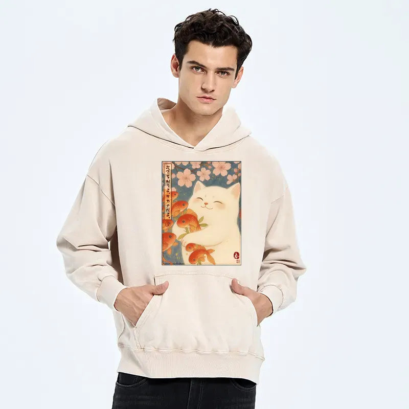 Kyoto-Lion Funny Ukiyoe Cat and Fish Flower Washed Hoodie