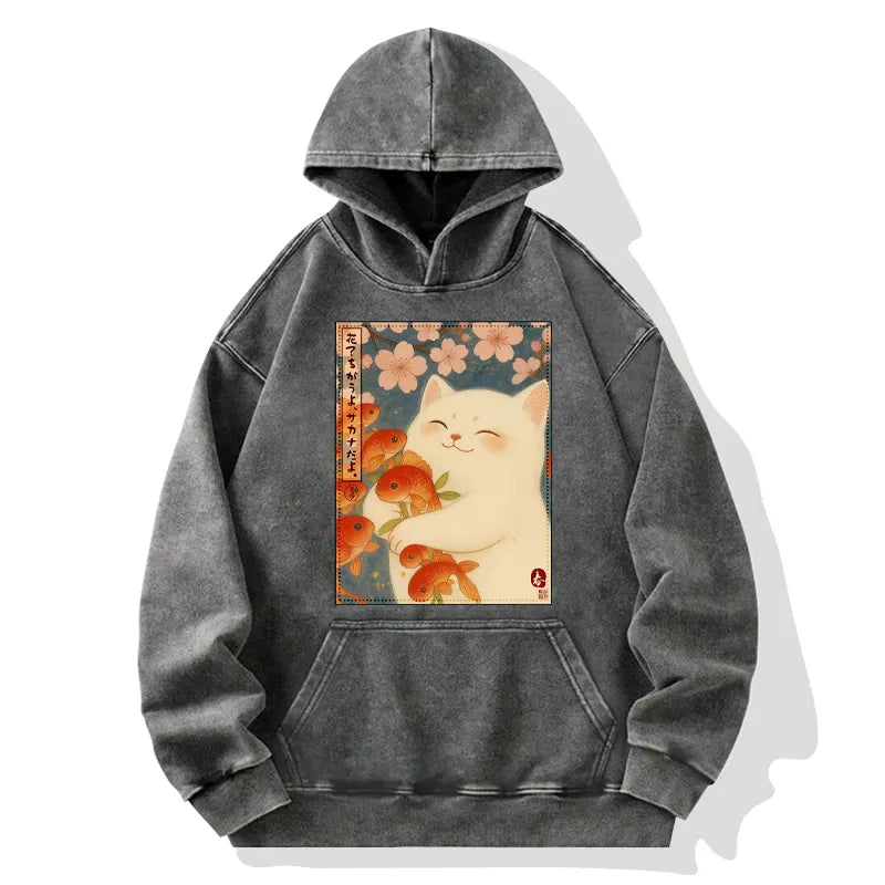 Kyoto-Lion Funny Ukiyoe Cat and Fish Flower Washed Hoodie