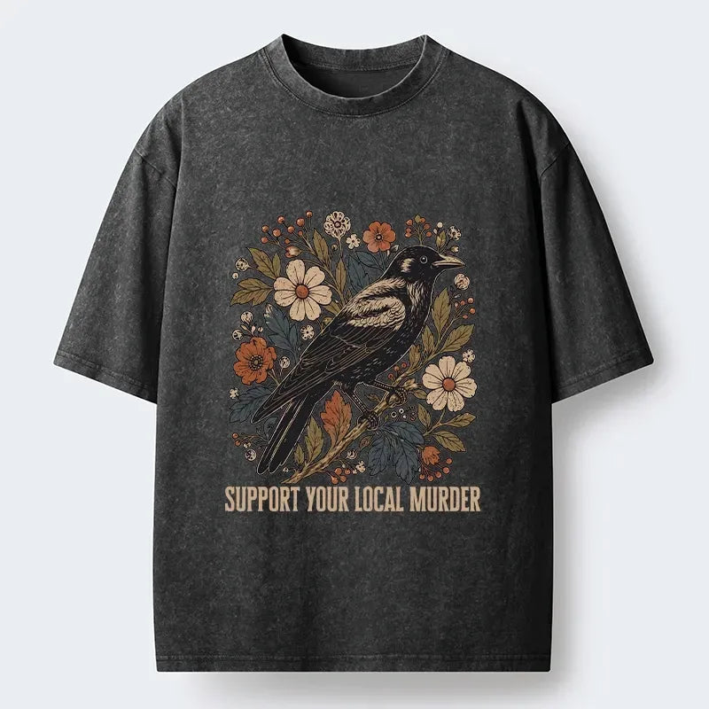 Kyoto-Lion Floral Crow Vintage Funny Meme Print Washed T-Shirt