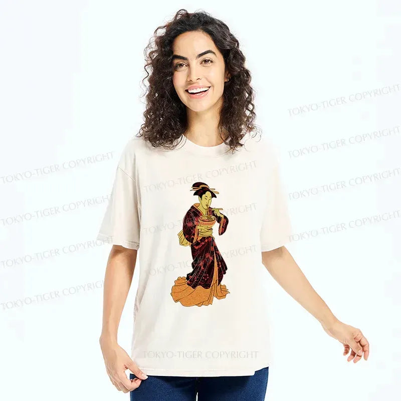 Kyoto-Lion Geisha Eating Ramen Washed T-Shirt