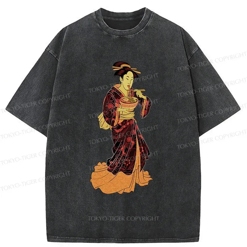 Kyoto-Lion Geisha Eating Ramen Washed T-Shirt