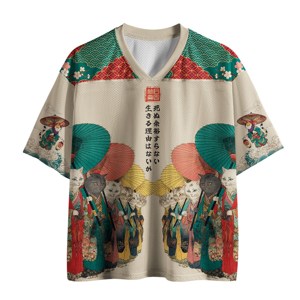 Kyoto-Lion Kimono Cats Walk With Colorful Umbrellas Mesh Jersey