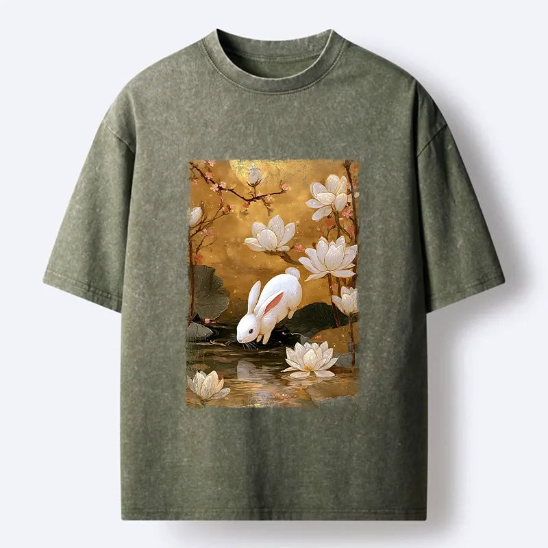 Kyoto-Lion Oriental Rabbit Pond Scene Washed T-Shirt