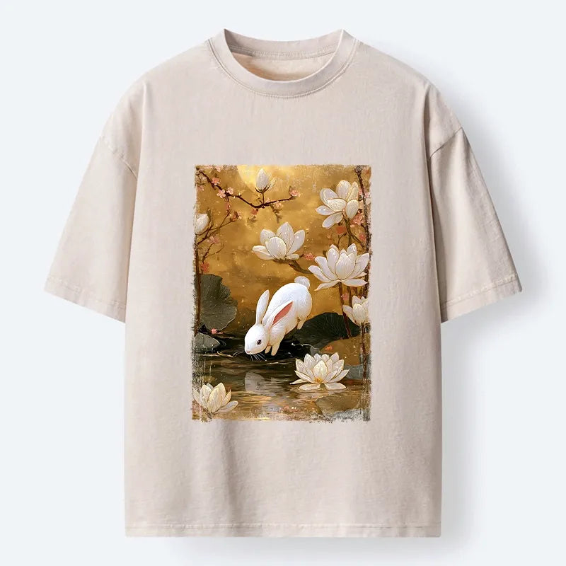 Kyoto-Lion Oriental Rabbit Pond Scene Washed T-Shirt