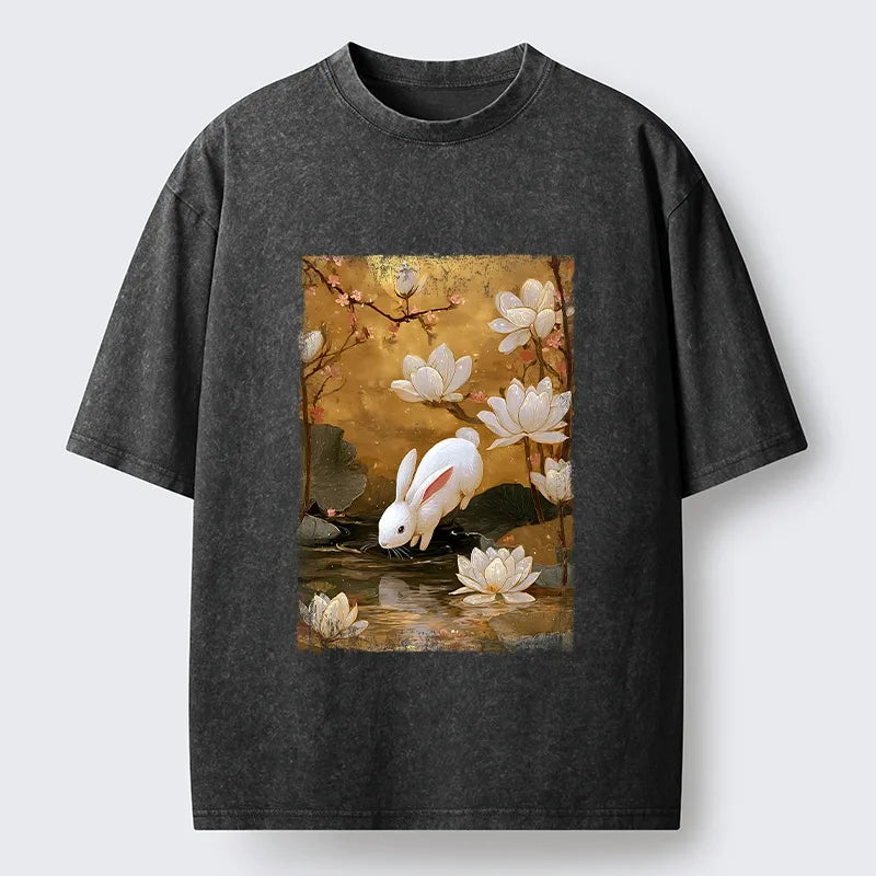 Kyoto-Lion Oriental Rabbit Pond Scene Washed T-Shirt