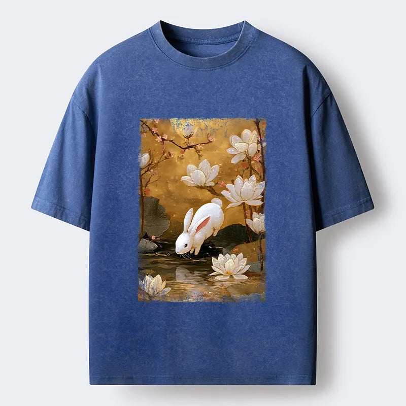 Kyoto-Lion Oriental Rabbit Pond Scene Washed T-Shirt