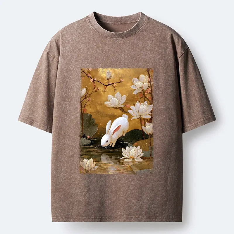 Kyoto-Lion Oriental Rabbit Pond Scene Washed T-Shirt