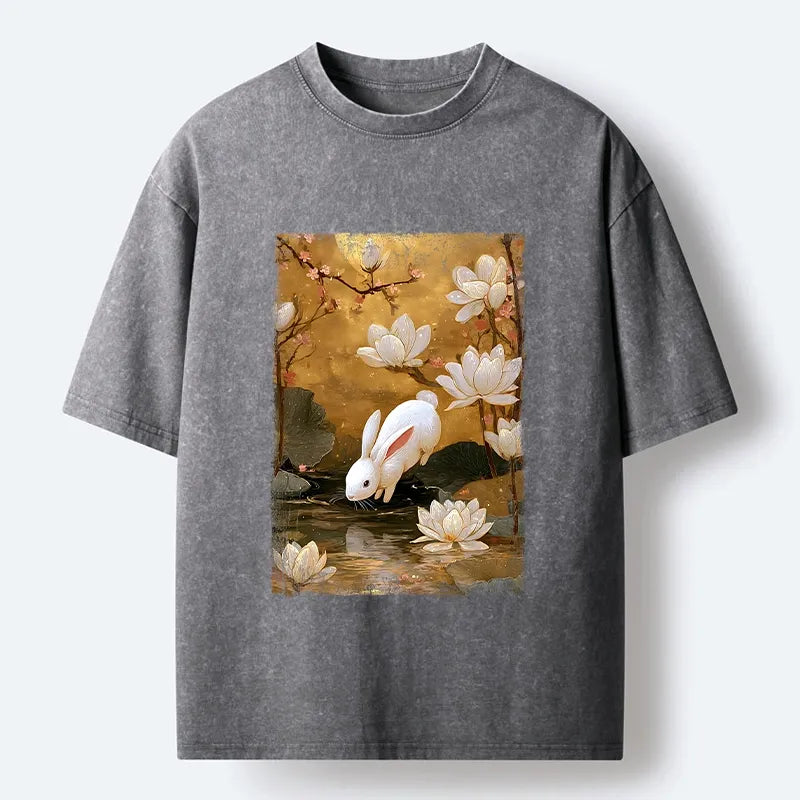 Kyoto-Lion Oriental Rabbit Pond Scene Washed T-Shirt