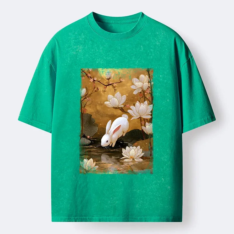 Kyoto-Lion Oriental Rabbit Pond Scene Washed T-Shirt