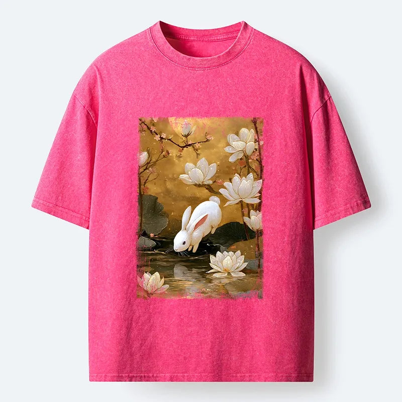Kyoto-Lion Oriental Rabbit Pond Scene Washed T-Shirt