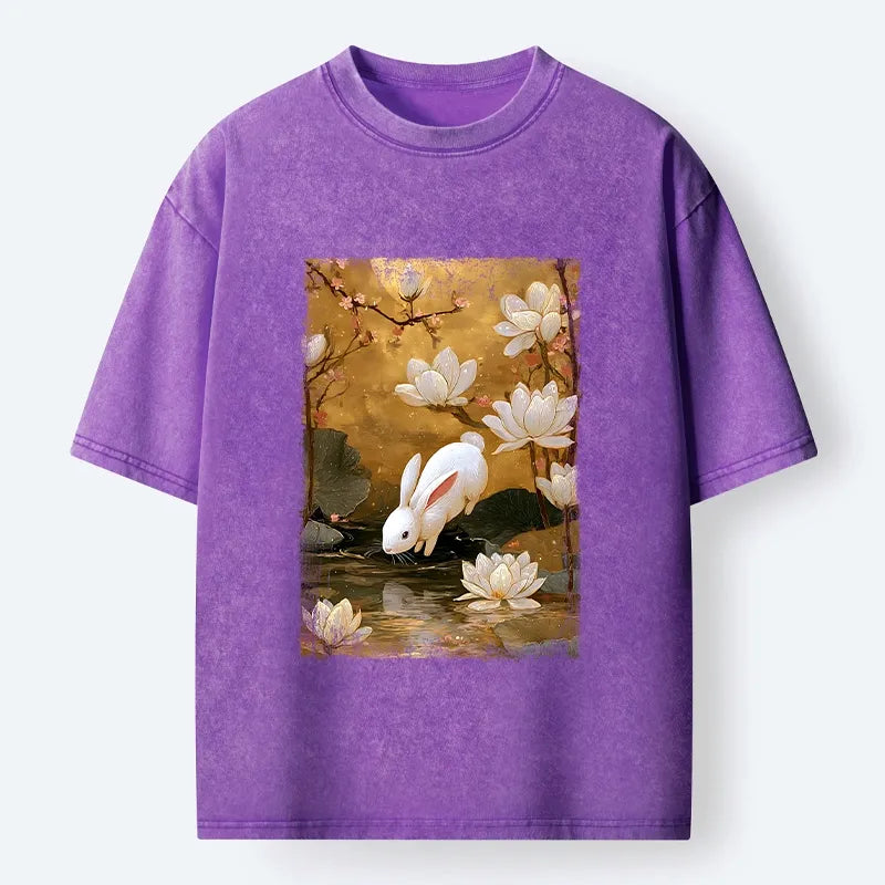 Kyoto-Lion Oriental Rabbit Pond Scene Washed T-Shirt