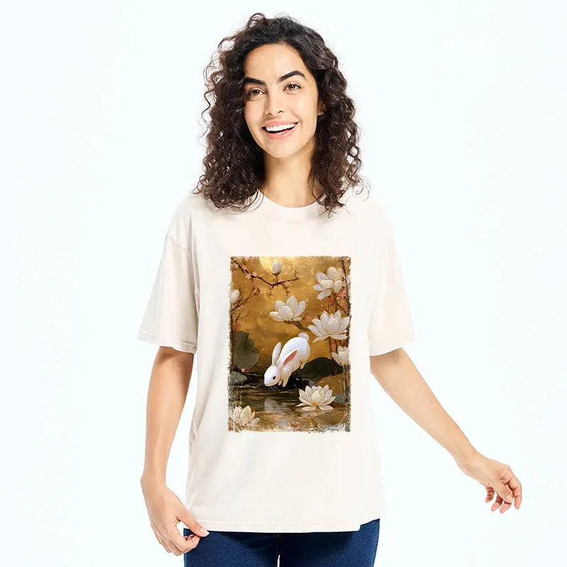 Kyoto-Lion Oriental Rabbit Pond Scene Washed T-Shirt