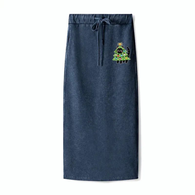 Christmas Tree Cat Terry Skirt Casual