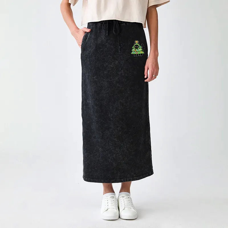 Christmas Tree Cat Terry Skirt Casual