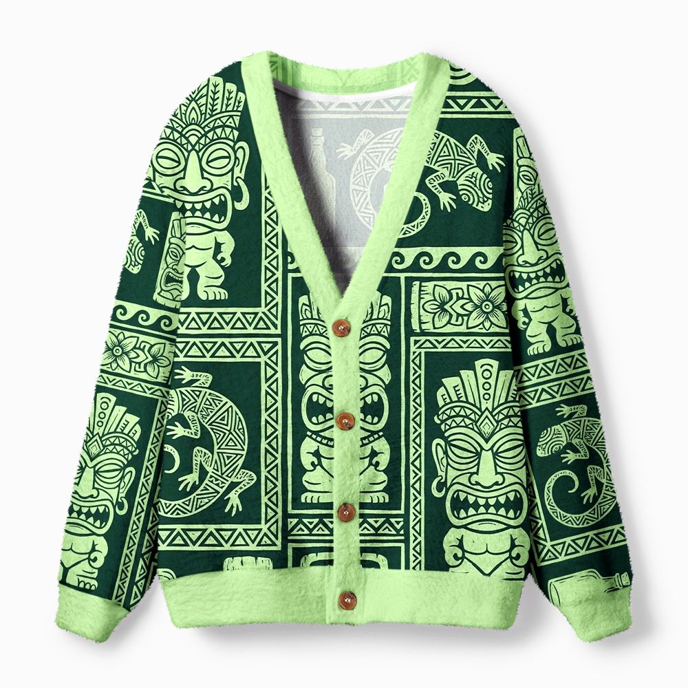 Kyoto-Lion Tiki Tribal Block Ugly Cardigan Sweater