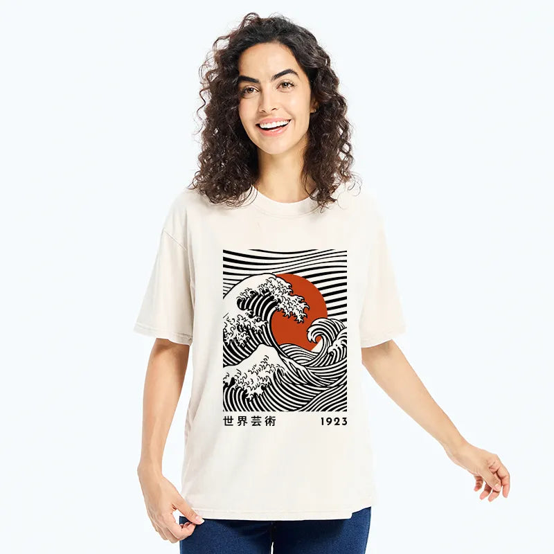 Kyoto-Lion Japanese Wave Sun Art Washed T-Shirt