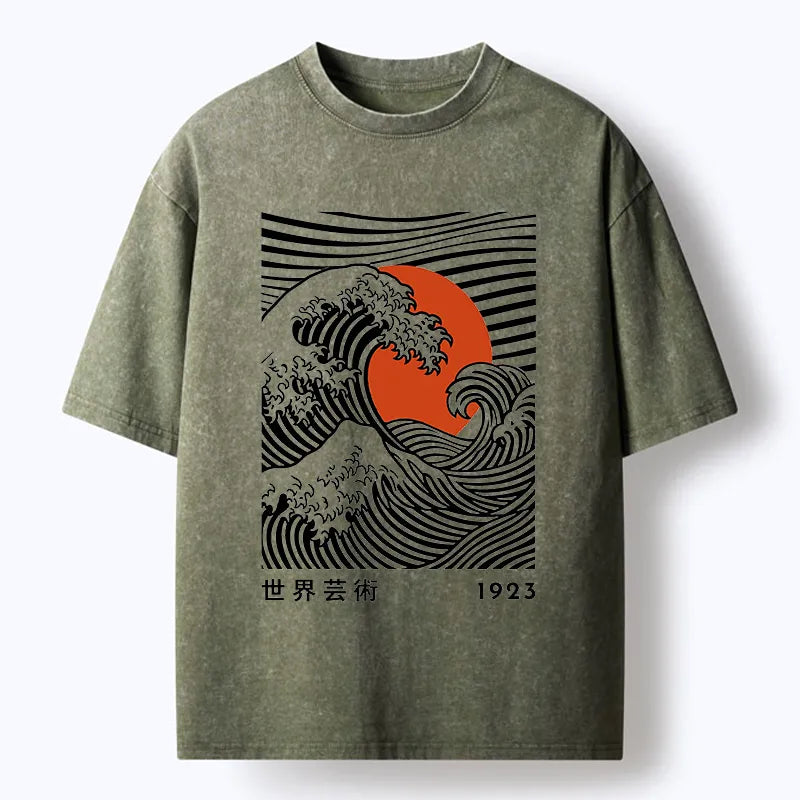 Kyoto-Lion Japanese Wave Sun Art Washed T-Shirt