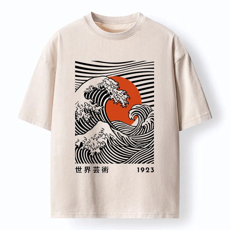 Kyoto-Lion Japanese Wave Sun Art Washed T-Shirt