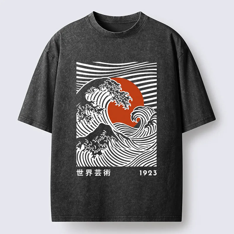 Kyoto-Lion Japanese Wave Sun Art Washed T-Shirt