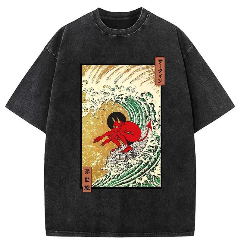Kyoto-Lion Surfing Demon Washed T-Shirt