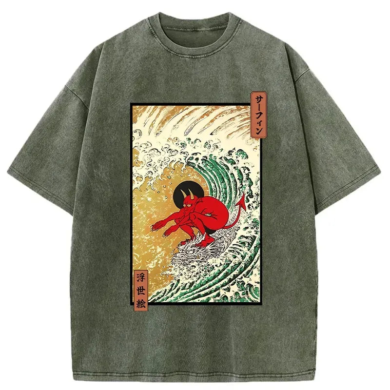 Kyoto-Lion Surfing Demon Washed T-Shirt