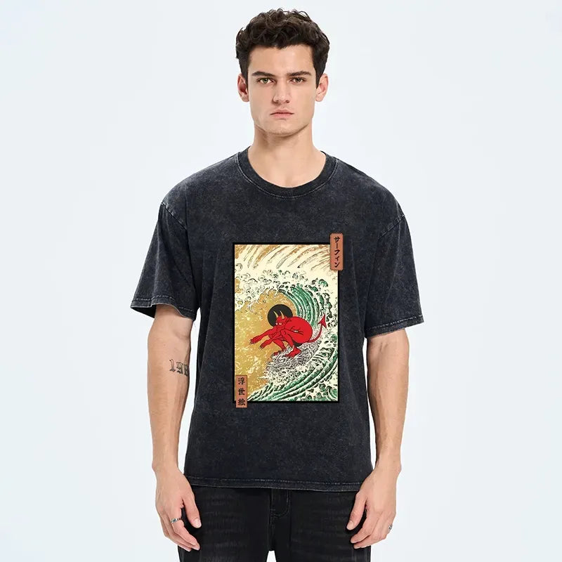 Kyoto-Lion Surfing Demon Washed T-Shirt