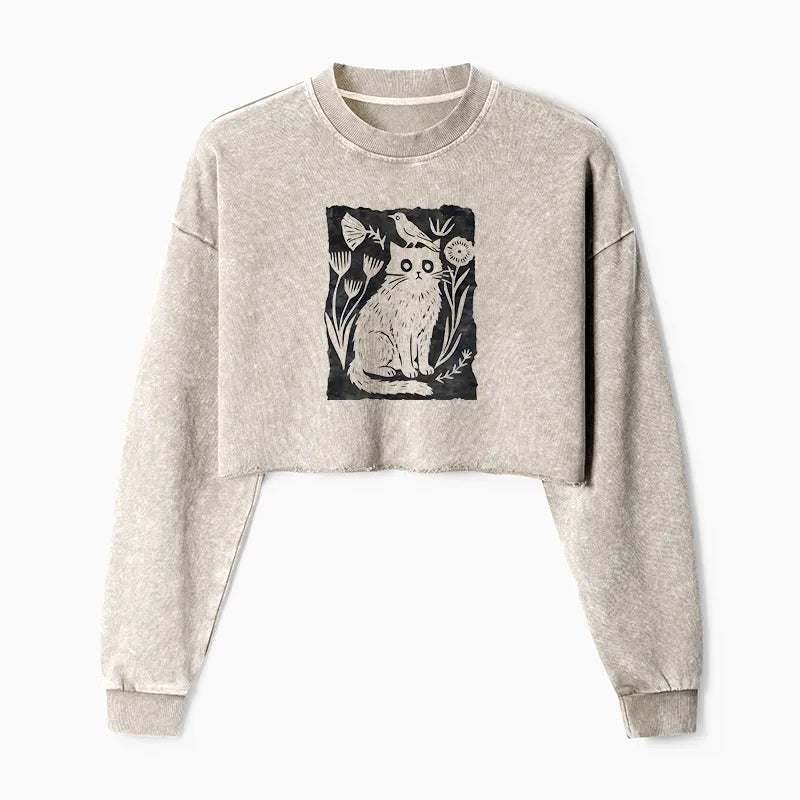 Kyoto-Lion Folk Paper Cut Cat Bird Floral Art Washed Crop Sweatshirt