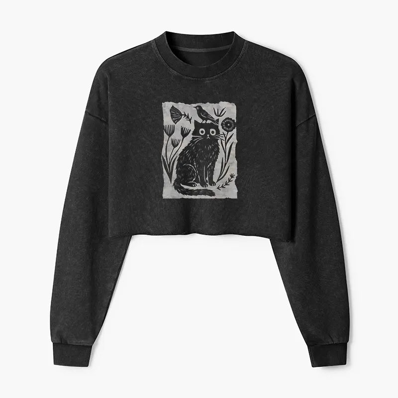 Kyoto-Lion Folk Paper Cut Cat Bird Floral Art Washed Crop Sweatshirt