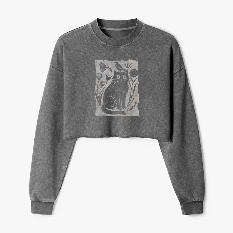 Kyoto-Lion Folk Paper Cut Cat Bird Floral Art Washed Crop Sweatshirt