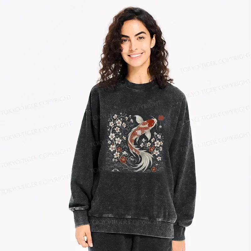 Kyoto-Lion Vintage Sakura And Koi Washed Sweatshirt
