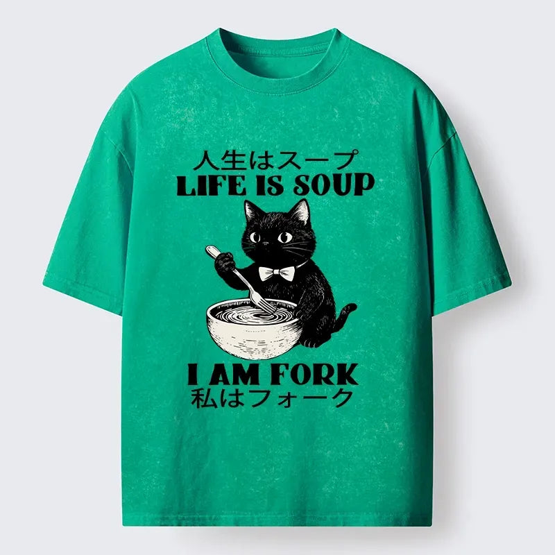 Kyoto-Lion Life Is Soup Cat Humor Meme Washed T-Shirt