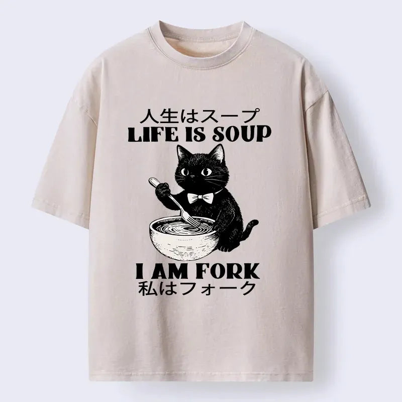 Kyoto-Lion Life Is Soup Cat Humor Meme Washed T-Shirt