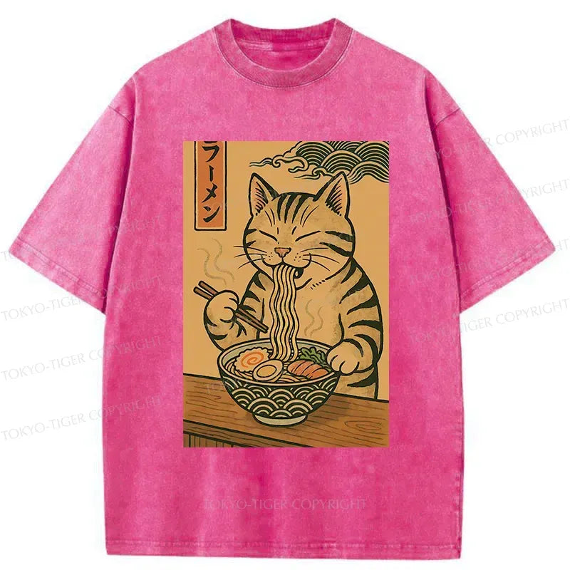 Kyoto-Lion Retro Cat Eating Ramen Poster Washed T-Shirt
