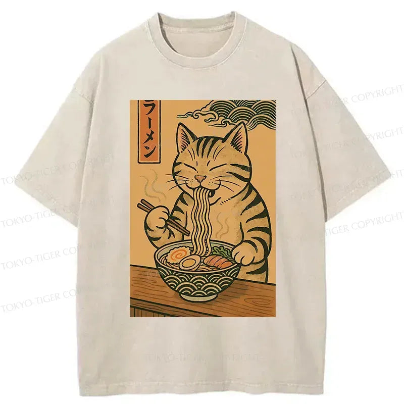 Kyoto-Lion Retro Cat Eating Ramen Poster Washed T-Shirt
