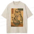 Kyoto-Lion Retro Cat Eating Ramen Poster Washed T-Shirt