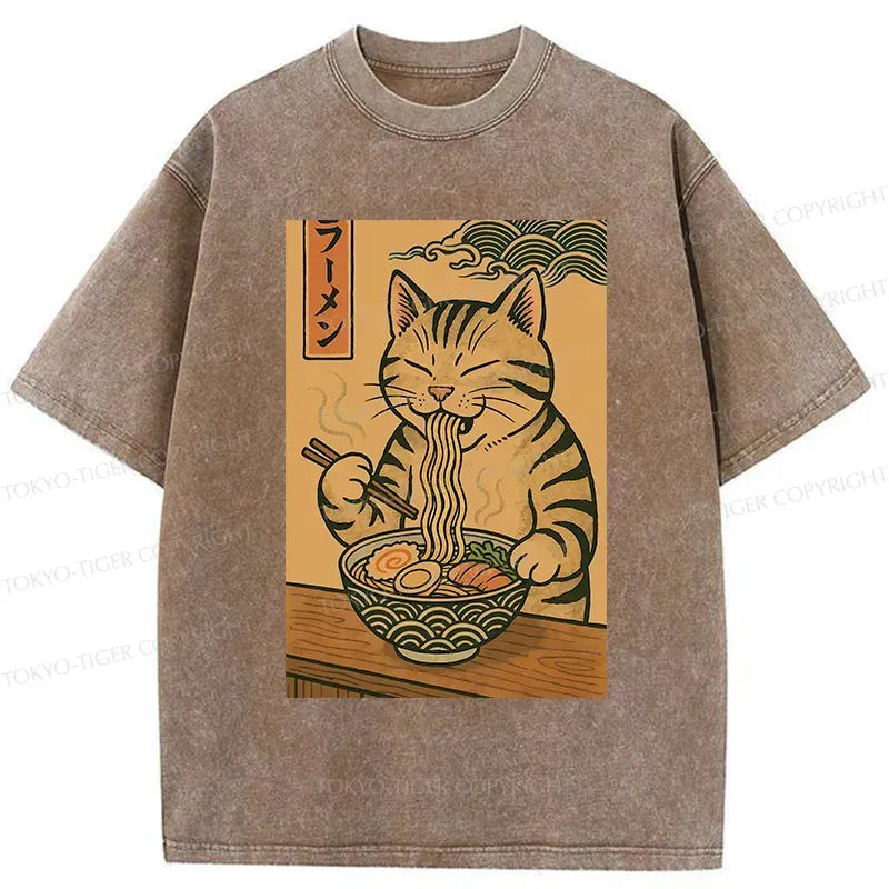Kyoto-Lion Retro Cat Eating Ramen Poster Washed T-Shirt