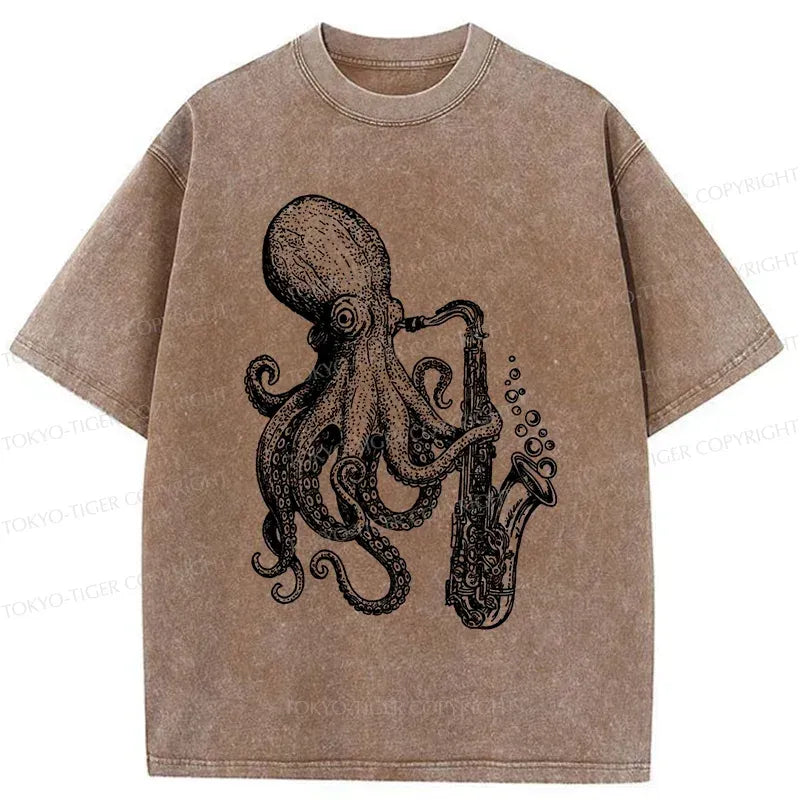 Kyoto-Lion Octopus Playing Saxophone Washed T-Shirt