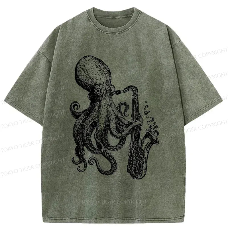 Kyoto-Lion Octopus Playing Saxophone Washed T-Shirt