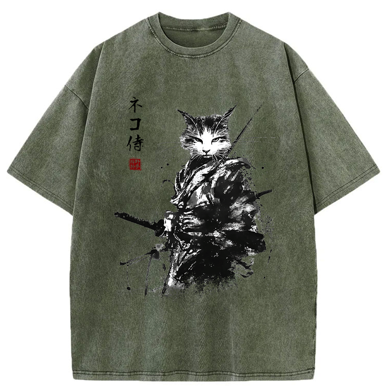 Kyoto-Lion Inkblade Samurai Cat Washed T-Shirt