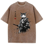 Japanese samurai cat washed t-shirt