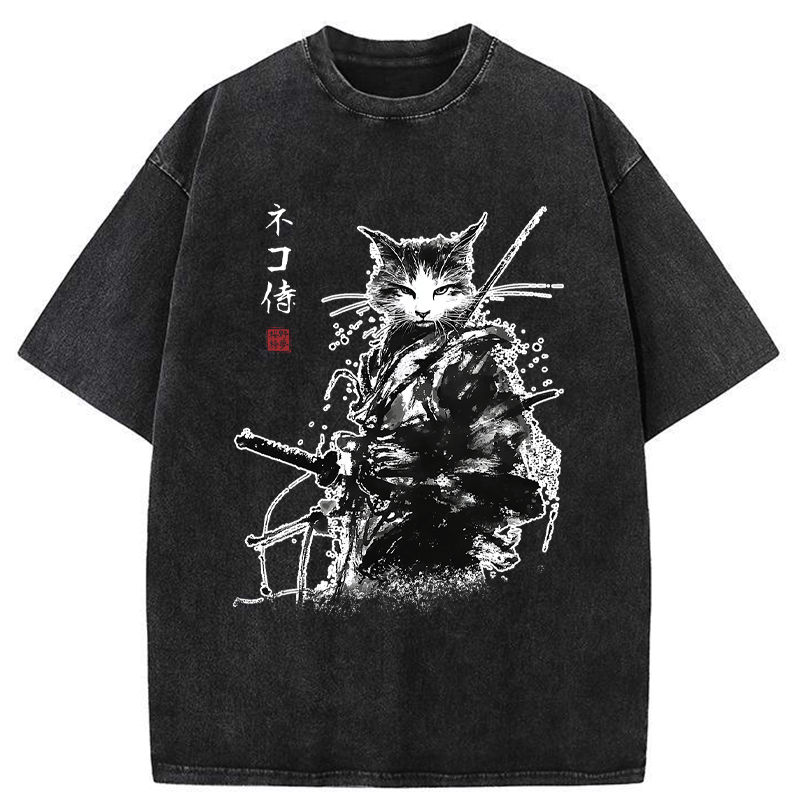 Kyoto-Lion Inkblade Samurai Cat Washed T-Shirt