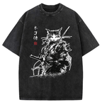 Kyoto-Lion Inkblade Samurai Cat Washed T-Shirt