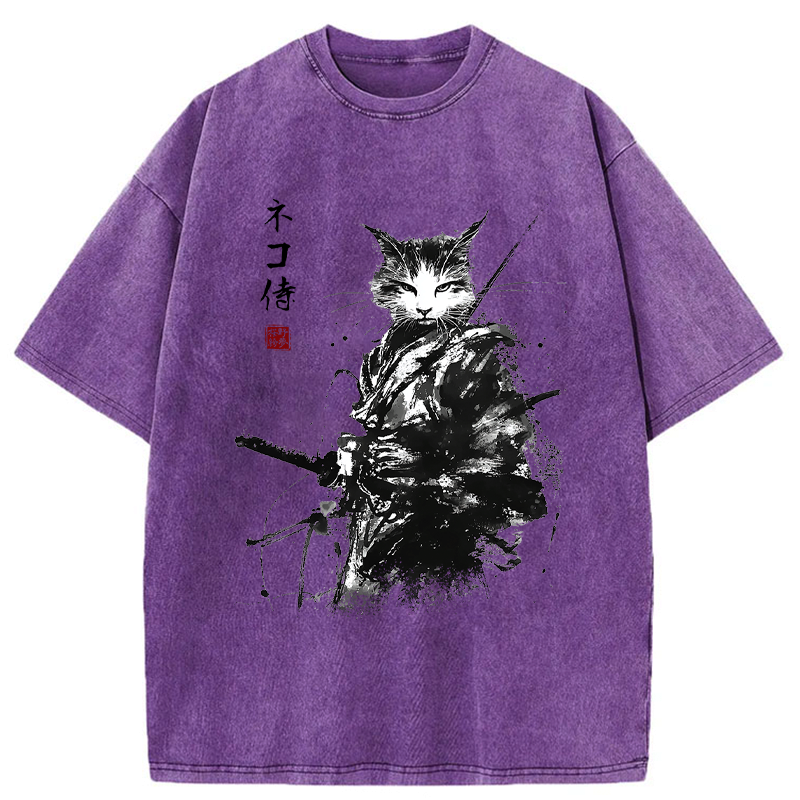 Kyoto-Lion Inkblade Samurai Cat Washed T-Shirt
