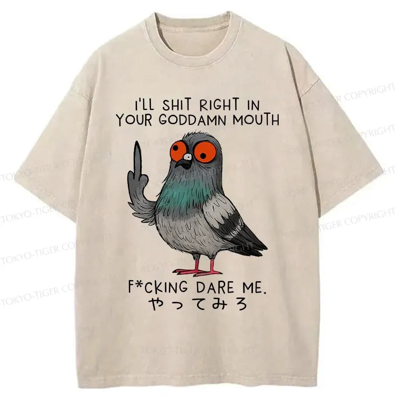 Kyoto-Lion Angry Pigeon Funny Washed T-Shirt